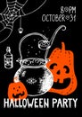 Halloween party vertical poster. Promotional flyer featuring hand drawn orange pumpkins witchs potion cauldron spider webs and