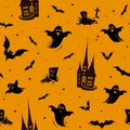 Seamless pattern - castles, ghosts, bats isolated on orange background.