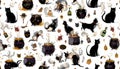 Halloween Pattern with Black Cats and Witches\' Cauldron Illustrations Royalty Free Stock Photo