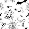Halloween pattern. Black hand drawn objects on a white background. Seamless vector backdrop