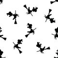 Halloween pattern black witch silhouette flying on broom on white background. Seamless pattern witch on broomstick in