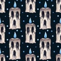 Halloween pattern, seamless watercolor pattern with ghost candle with blue fire on dark background