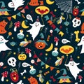 Halloween pattern with cute ghost, pumpkin, spider on web. Seamless with funny skull, witch on hat, cat with glasses Royalty Free Stock Photo