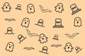Halloween Pattern decoration with ghost, tombstone and bats as design element in outline style