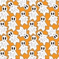 Halloween pattern with funny ghosts pattern. Seamless spooky background in cartoon style. Wrapping or textile design. Ornage
