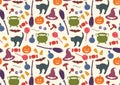 Halloween seamless pattern. Holiday related objects. Witches accessory set. Trick or treat wallpaper. Kids background