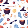 Halloween pattern. Pumpkin bat witch broomstick and hat. Party elements print, trick or threat vector seamless texture