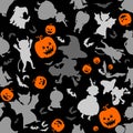 Halloween pattern with pumpkins, dogs and children in costumes. Halloween background. Seamless pattern design Royalty Free Stock Photo