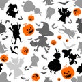 Halloween pattern with pumpkins, dogs and children in costumes. Halloween background. Seamless pattern design Royalty Free Stock Photo