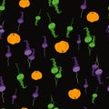 Halloween pattern with pumpkins and green and purple toadstool mushrooms on black background.