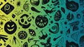 Halloween pattern with pumpkins, skulls, and spooky elements on a teal gradient background Royalty Free Stock Photo