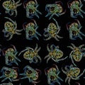 Halloween pattern seamless, glowing spiders on black background, horror scary unusual texture Royalty Free Stock Photo