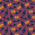 Halloween Pattern, Seamless Pattern with Pumpkins, Bats and Cats on Dark Blue, Halloween Background Repeat, Surface Pattern Royalty Free Stock Photo