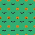 Halloween pattern, smiling and funny cartoon characters pumpkin on green background Royalty Free Stock Photo