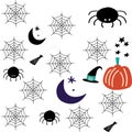 Halloween pattern with spider web, spiders, hats, pumpkin and broom