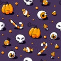 Halloween pattern with sweets, skull, eyeball, amanita and pumpkin on violet background. Seamless vector hand drawn