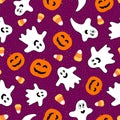 Halloween pattern. Vector seamless background with cute pumpkins, ghosts, candy Royalty Free Stock Photo