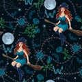 Halloween pattern with young beautiful witch flying on broom, silhouette of bats, full moon, roses, stars, spiderweb