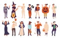 Halloween people wearing masquerade costumes, fall holiday party. Scary Halloween witch, ghost and mummy characters flat vector Royalty Free Stock Photo