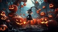 Halloween photo background  - a cartoon character in a person hat surrounded by pumpkins Royalty Free Stock Photo