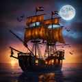 Halloween pirate ship with many people on it Royalty Free Stock Photo