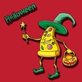 Halloween pizza character in witch hat vintage boots magic wand and pumpkin basket in hand on isolated  background Royalty Free Stock Photo