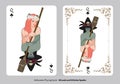 Halloween playing cards. Spades Queen. Beautiful girl crowned with flowers hugging a broom. Witch with a hat decorated with