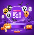 Halloween podium purple color, pumpkin, balloons, ghost, candle, and bat flying, poster flyer design on purple background Royalty Free Stock Photo