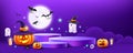 Halloween podium purple color, pumpkin, ghost, candle, and bat, moonnight banner design on purple background Royalty Free Stock Photo