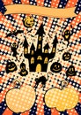 Halloween pop art poster template: spooky haunted castle on the hill, bats, pumpkin jack lanterns, black cat and moon