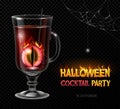 Halloween posion with burning eye. Halloween cocktail party poster. Realistic cocktail glass isolated on transperent background