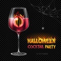 Halloween posion with burning eye. Halloween cocktail party poster. Realistic wine glass isolated on transperent background