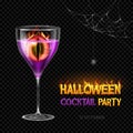 Halloween posion with burning eye. Halloween cocktail party poster. Realistic wine glass isolated on transperent background