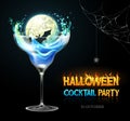 Halloween posion with full moon. Halloween cocktail party poster. Realistic cocktail glass isolated on transperent background