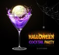 Halloween posion with full moon. Halloween cocktail party poster. Realistic cocktail glass isolated on transperent background Royalty Free Stock Photo