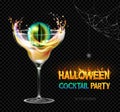 Halloween posion with zombie eye. Halloween cocktail party poster. Realistic cocktail glass isolated on transperent background