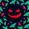 Halloween post card with evil grin and colorful buts on a dark blue background. Seamless vector pattern