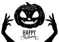 Halloween postcard with creepy hands, scary pumpkin and calligraphy text, vector illustration