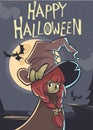 Halloween postcard with cute witch in a big hat on a full moon night. Vector illustration Royalty Free Stock Photo