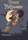 Halloween postcard with cute witch flying on her broom on a full moon night. Vector illustration Royalty Free Stock Photo