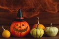 Halloween postcard. Jack-o-latern with decorative pumpkins against the background of cobweb with two spiders. Selective Royalty Free Stock Photo