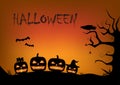 Halloween postcard. silhouettes of a family of pumpkins, tree, crow, owl, witche, bats, spider and cobweb