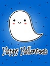 Halloween postcard. Smiling cute ghost. Cartoon flat vector illustration