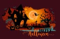 Halloween Postcard template. Night background with a moon, haunted house, cemetery, pumpkins and a flying witch Royalty Free Stock Photo