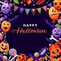 Halloween poster banner frame design with balloons, pumpkin lanterns and candies. Vector holiday decoration illustration Royalty Free Stock Photo