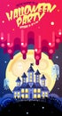 Halloween poster with castle, ghosts, full moon and blood spills. Invitation template for Halloween party. Flat vector