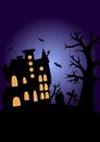 Halloween poster with castle and tree, bats black silhouettes on dark blue background, stock vector illustration for design and