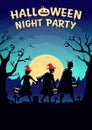 Halloween poster with Children group wearing fancy clothes and hat as witch carrying a pot to solicit gifts at night.