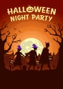 Halloween poster with Children group wearing fancy clothes and hat as witch carrying a pot to solicit gifts at night.