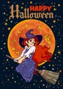 Halloween Poster. Cartoon Young Witch Flying On Broom Stick On Full Moon Background. Vector.